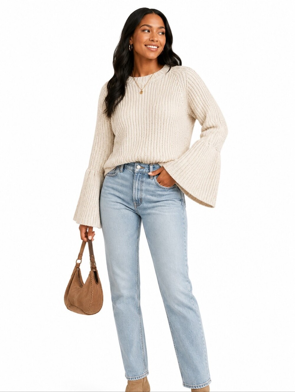 John + Jenn M Cream Gold Metallic Knit Bell Sleeve Sweater